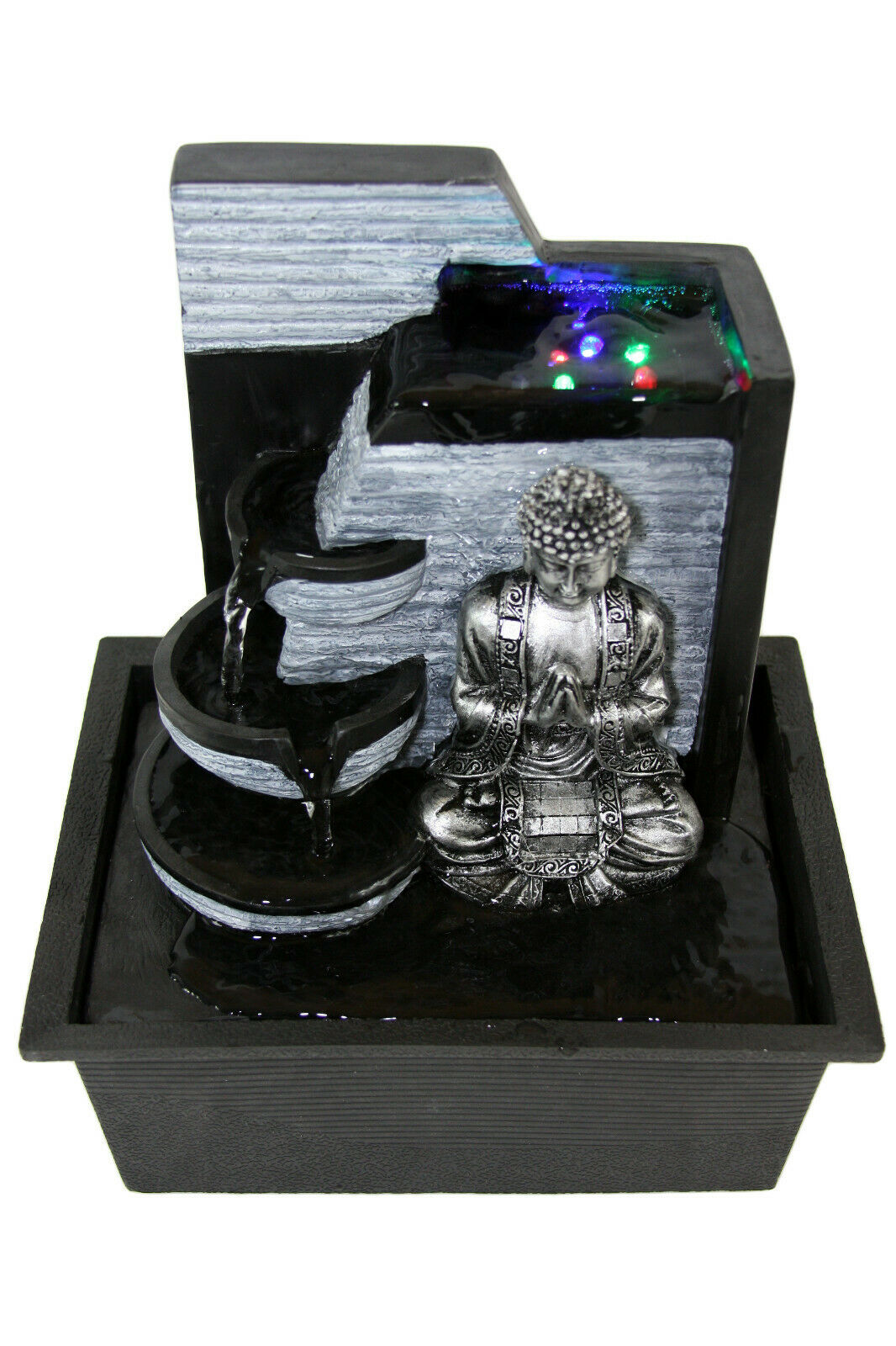 Buddha Indoor Tabletop Water Fountain Black Silver w/Color Changing LED ...