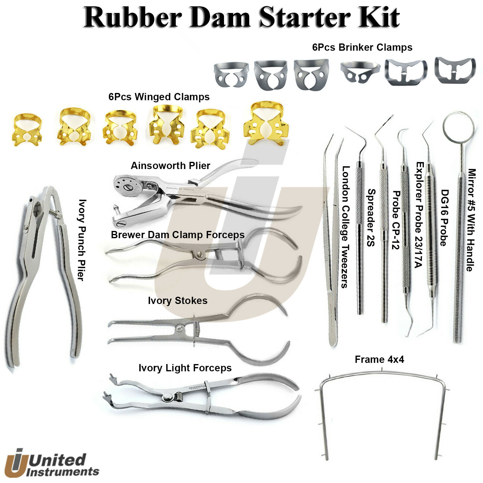 Dental Rubber Dam Brinker Clamp Winged Ivory Forceps Brewer Ainsworth