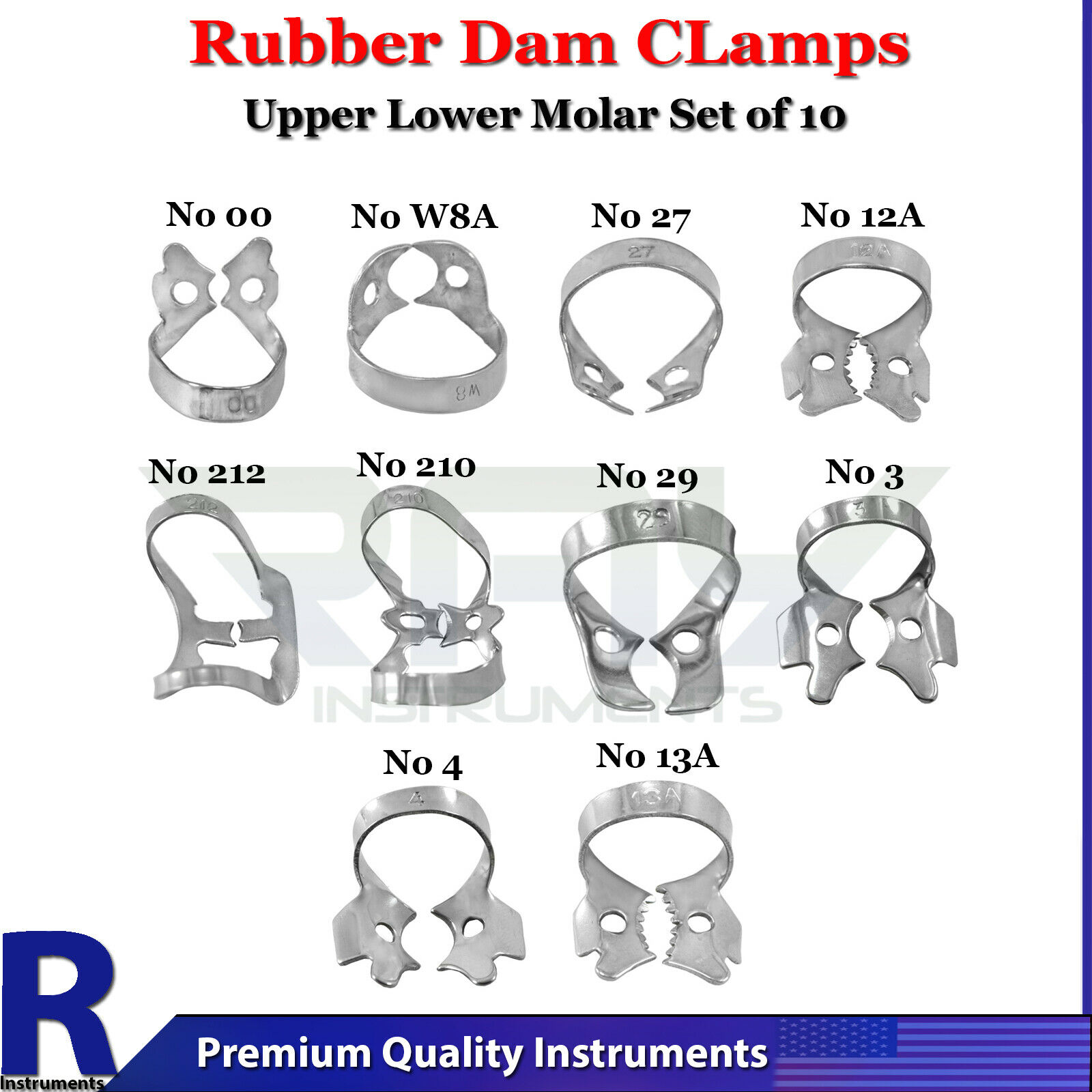 Dental Restorative Rubber Dam Clamps Upper Lower Molar Set of 10