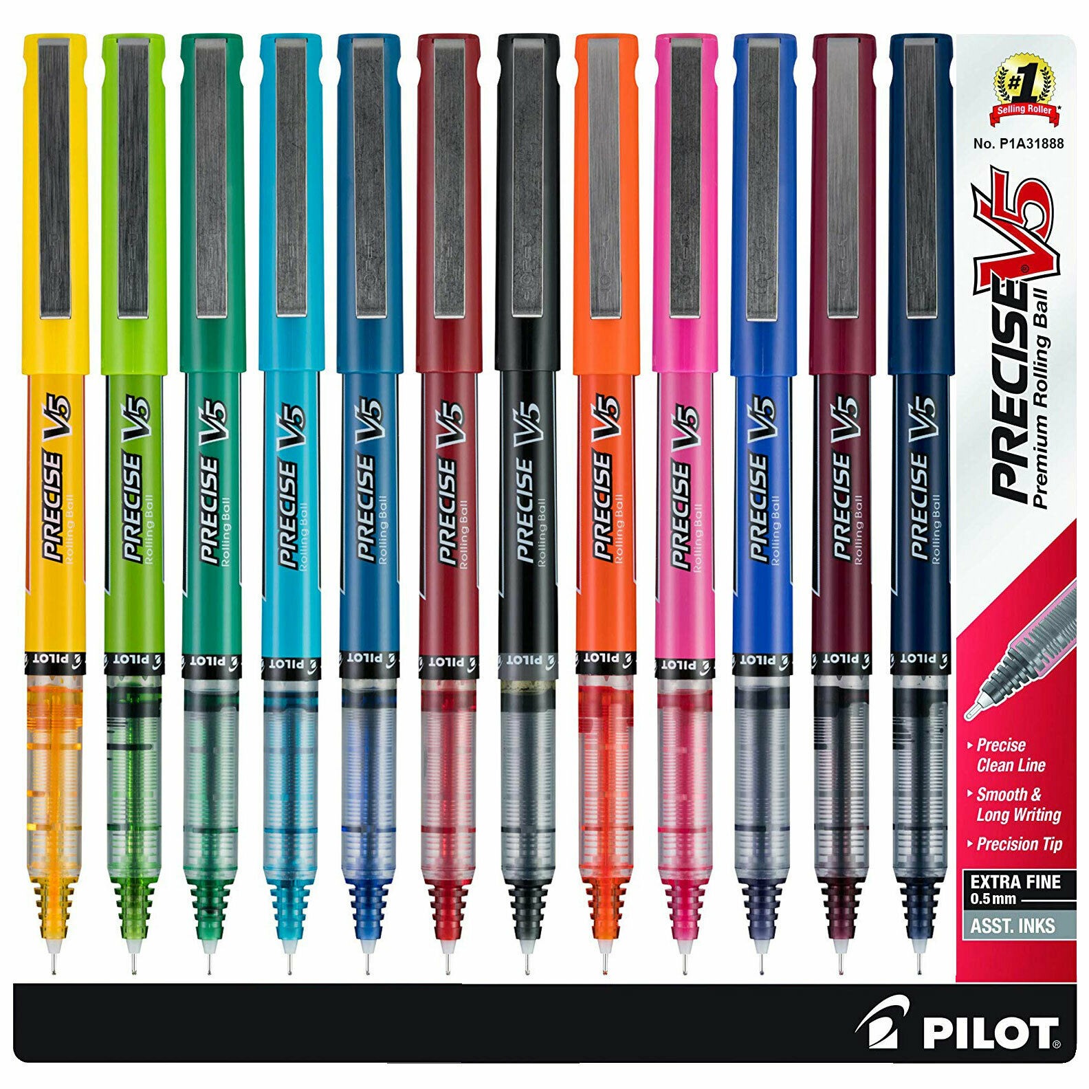 Pilot Precise V5 31888 05mm Extra Fine Rolling Ball Pens 12 Color Set