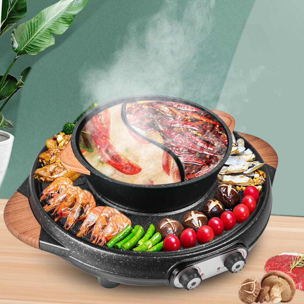 2in1 Electric Smokeless Grill and Hot Pot BBQ Grill Shabu Pot 2200W